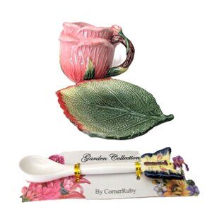 Corner Ruby Garden Collection Teacup Saucer Spoon New